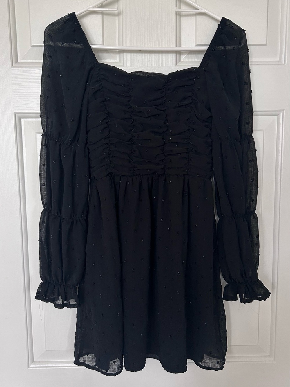 Midnight Doll Black Ruched Long Sleeve Mini Dress